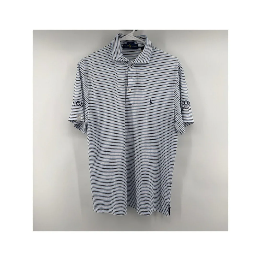 Ralph Lauren Pro Fit Golf Polo Shirt Mens Medium Blue White Striped AJGA Logo